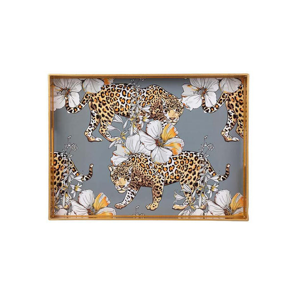 Bandeja decorativa con leopardos y flores blancas sobre fondo gris y marco dorado.