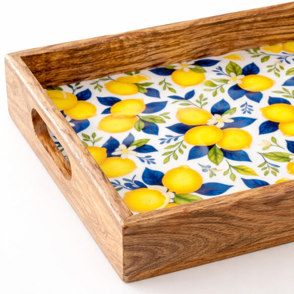 Bandeja rectangular con asas y diseño de limones amarillos