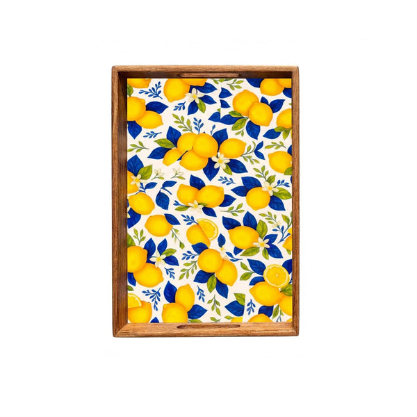 Bandeja de madera con estampado de limones mediterráneos