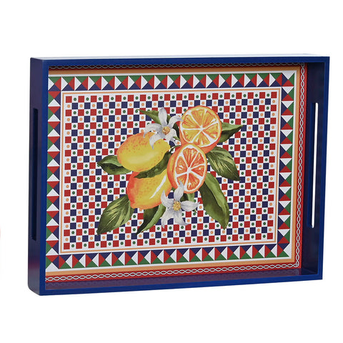 Bandeja decorativa de madera azul con diseño siciliano de limones y naranjas