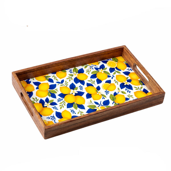 Bandeja rectangular con estampado de limones y marco de madera