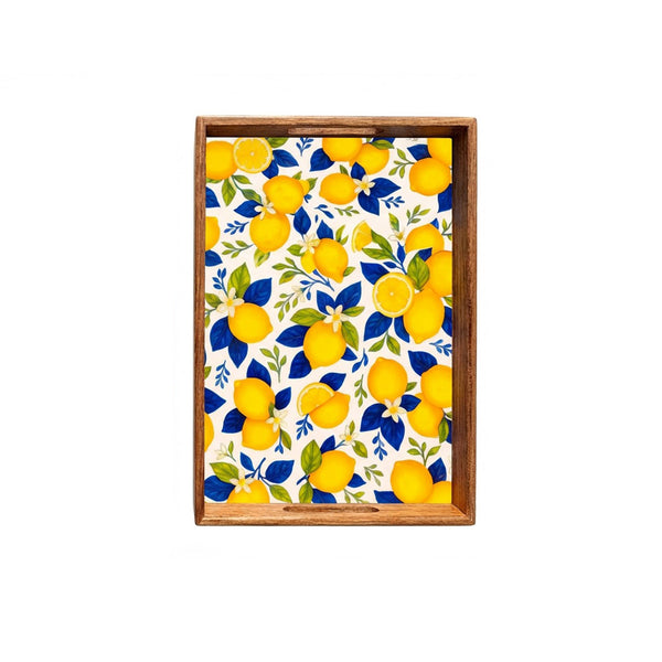 Bandeja de madera con asas y diseño mediterráneo de limones