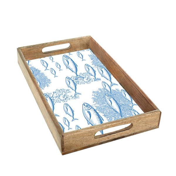 Bandeja de madera decorativa con peces azules