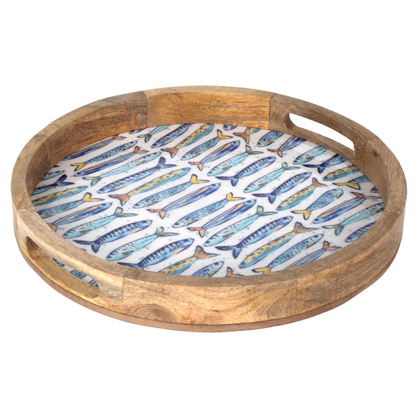 Bandeja redonda de madera con diseño de peces