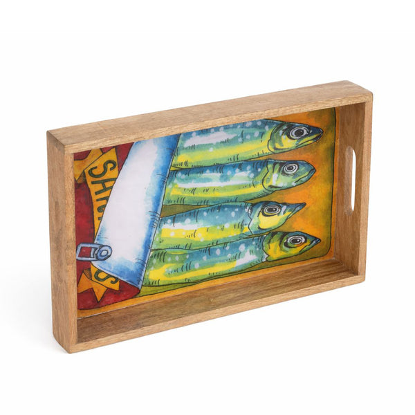 Bandeja de madera con diseño de sardinas estilo vintage