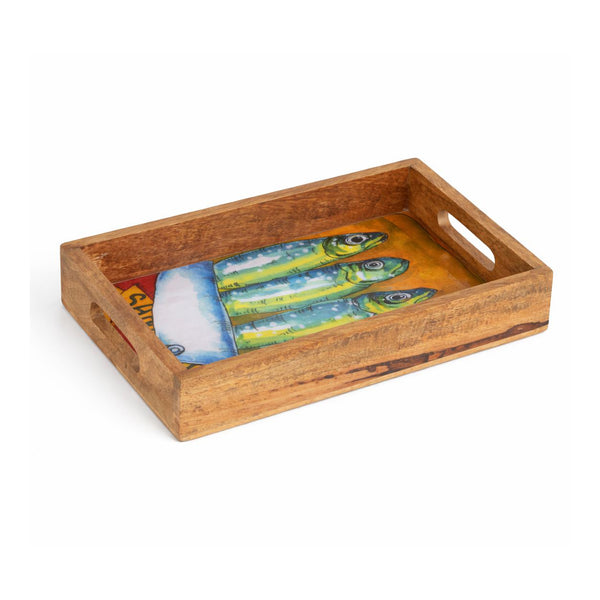 Bandeja de madera con diseño de sardinas estilo mediterráneo