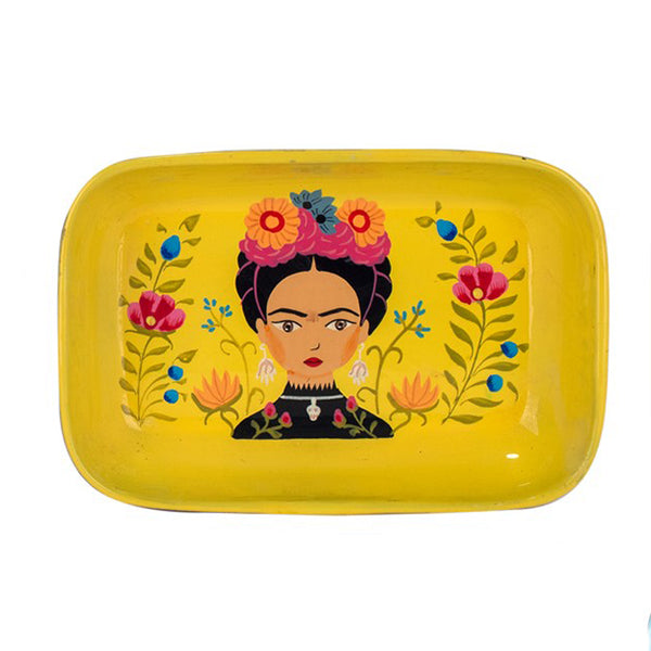Bandeja decorativa rectangular amarilla de metal con ilustración inspirada en Frida Kahlo y flores