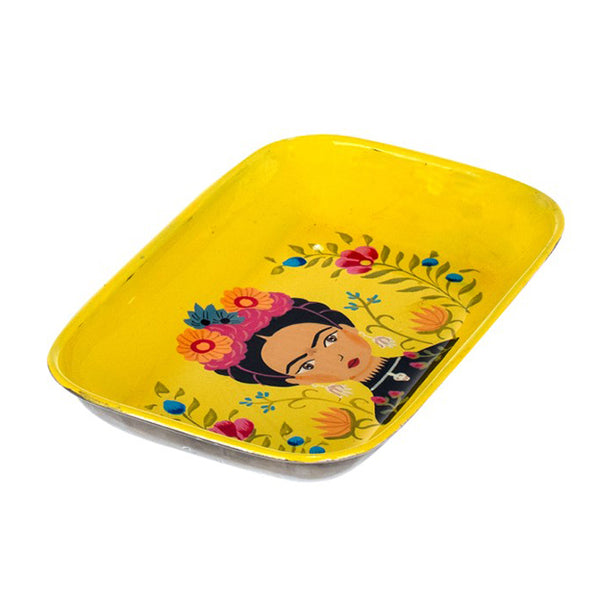 Bandeja metálica esmaltada color amarillo con diseño pop folk mexicano y retrato femenino floral