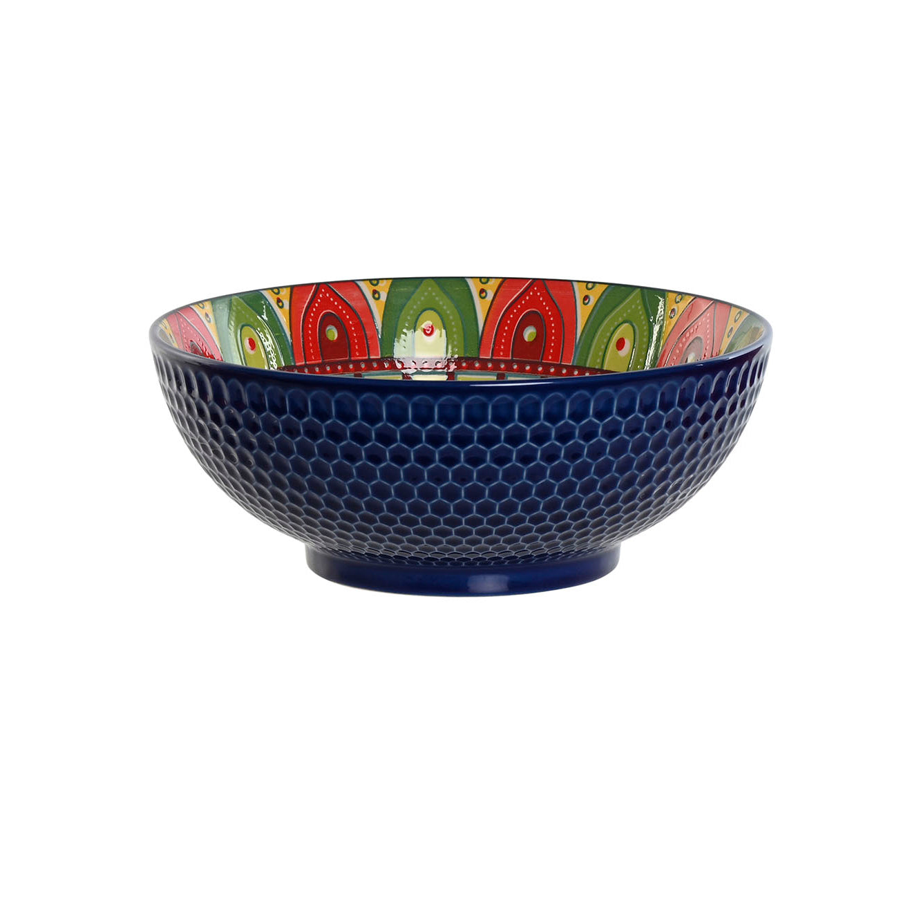 Bol azul con mandala interior rojo verde amarillo de cerámica con textura de panal – Brocantia