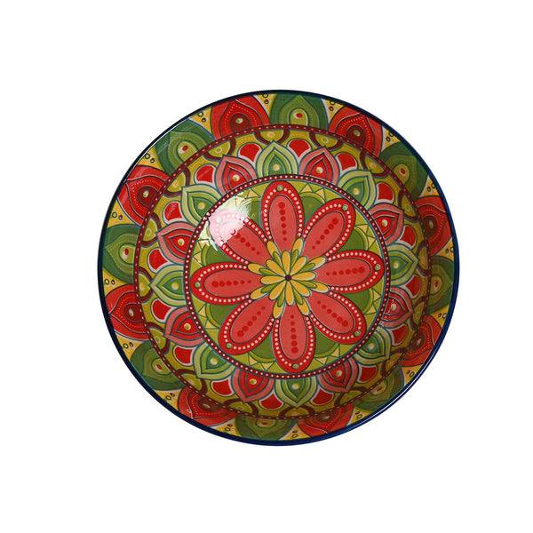 Vista desde arriba del bol mandala azul con diseño floral colorido en su interior – Brocantia
