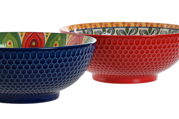 Detalle comparativo del bol azul y rojo con interior mandala colorido – Brocantia