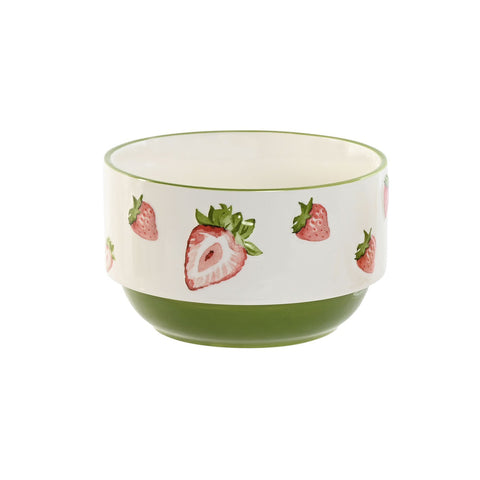 Bowl de cerámica decorado con fresas pintadas a mano y base verde, ideal para desayunos y vajilla decorativa