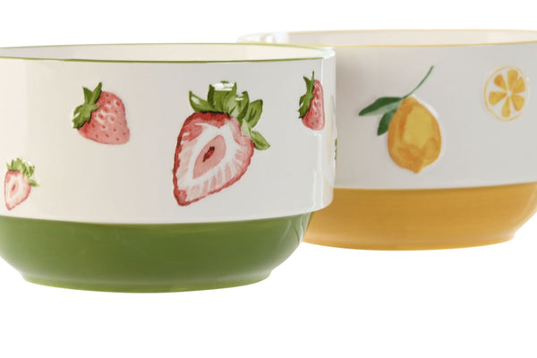 Bowls frutales de cerámica con ilustraciones de fresas y limones, diseño colorido para mesa y cocina alegre