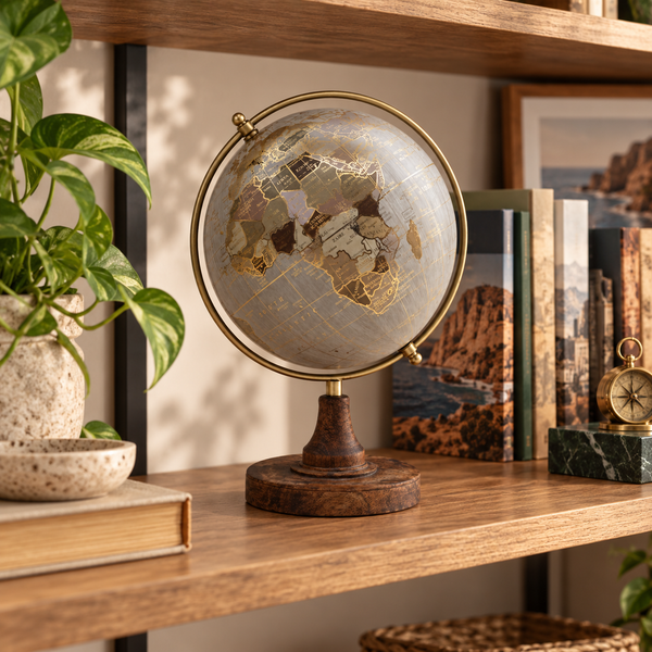 Bola del mundo con base de madera decorando una estantería junto a libros y plantas.