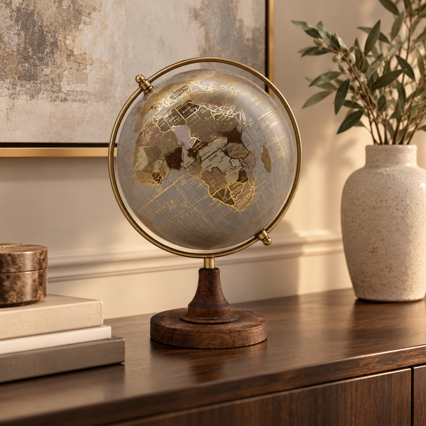 Bola del mundo vintage sobre aparador de madera en una composición decorativa elegante.