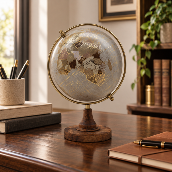 Globo terráqueo decorativo con base de madera sobre escritorio junto a libros y material de escritura.