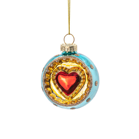 bola de Navidad azul con corazón rojo y dorado