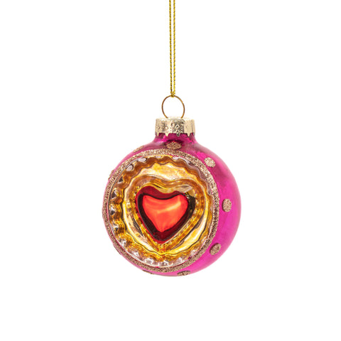 bola de Navidad fucsia con corazón rojo y dorado