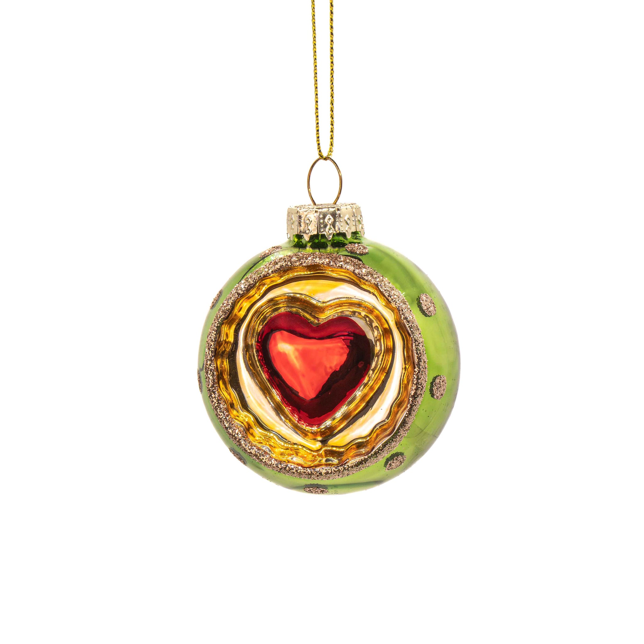 bola de Navidad verde con corazón rojo y dorado
