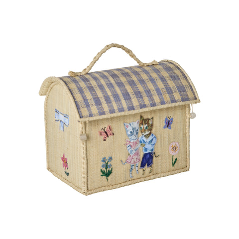 bolso de rafia infantil con diseño de gatitos hecho a mano en Madagascar por artesanos locales