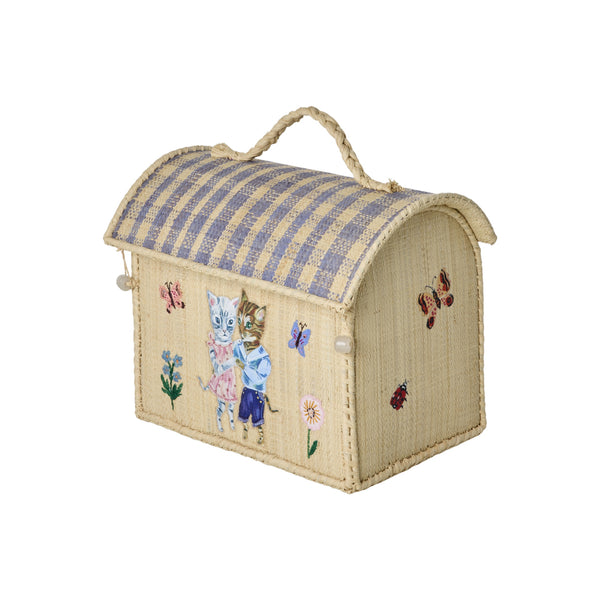 bolso casita artesanal de fibras naturales bordado con flores y animales en estilo vintage