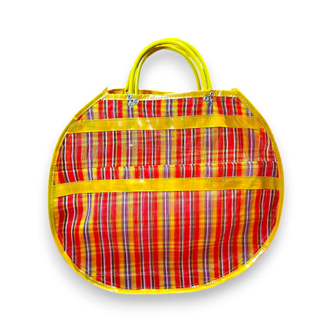 bolsa de mercado mexicana redonda grande multicolor rayas con asas amarillas Brocantia