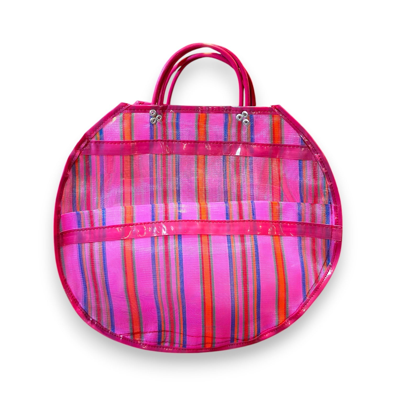 bolsa de mercado mexicana redonda grande en tonos rosa con rayas y asas fucsias Brocantia