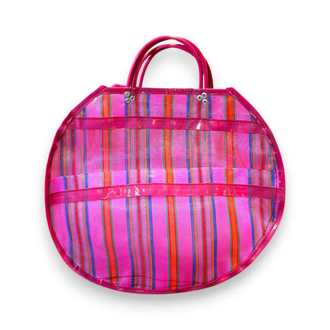 bolsa de mercado mexicana redonda grande en tonos rosa con rayas y asas fucsias Brocantia