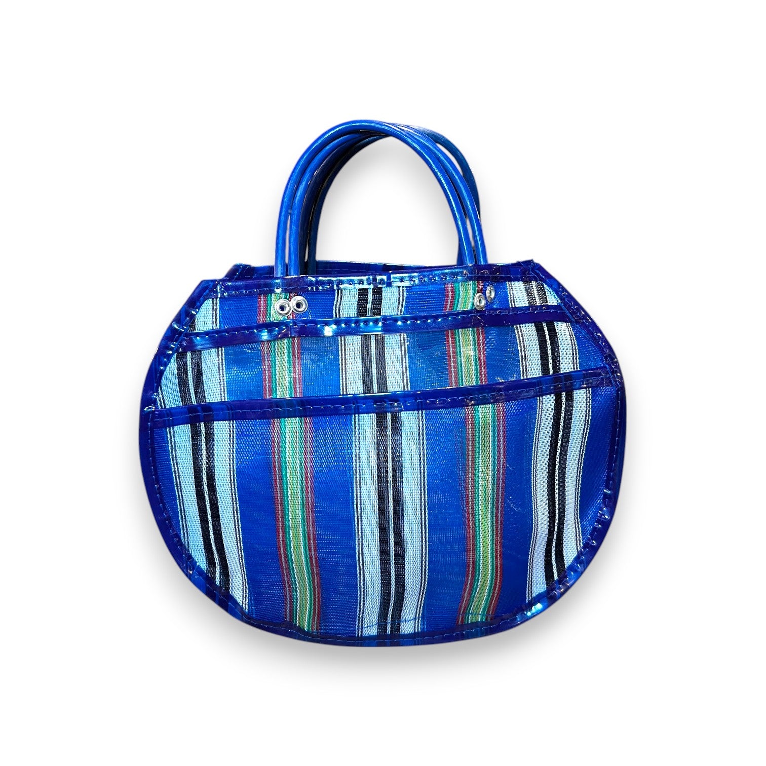 bolsa redonda pequeña de mercado mexicana azul con rayas multicolor y asas de vinilo – Brocantia tienda Oviedo