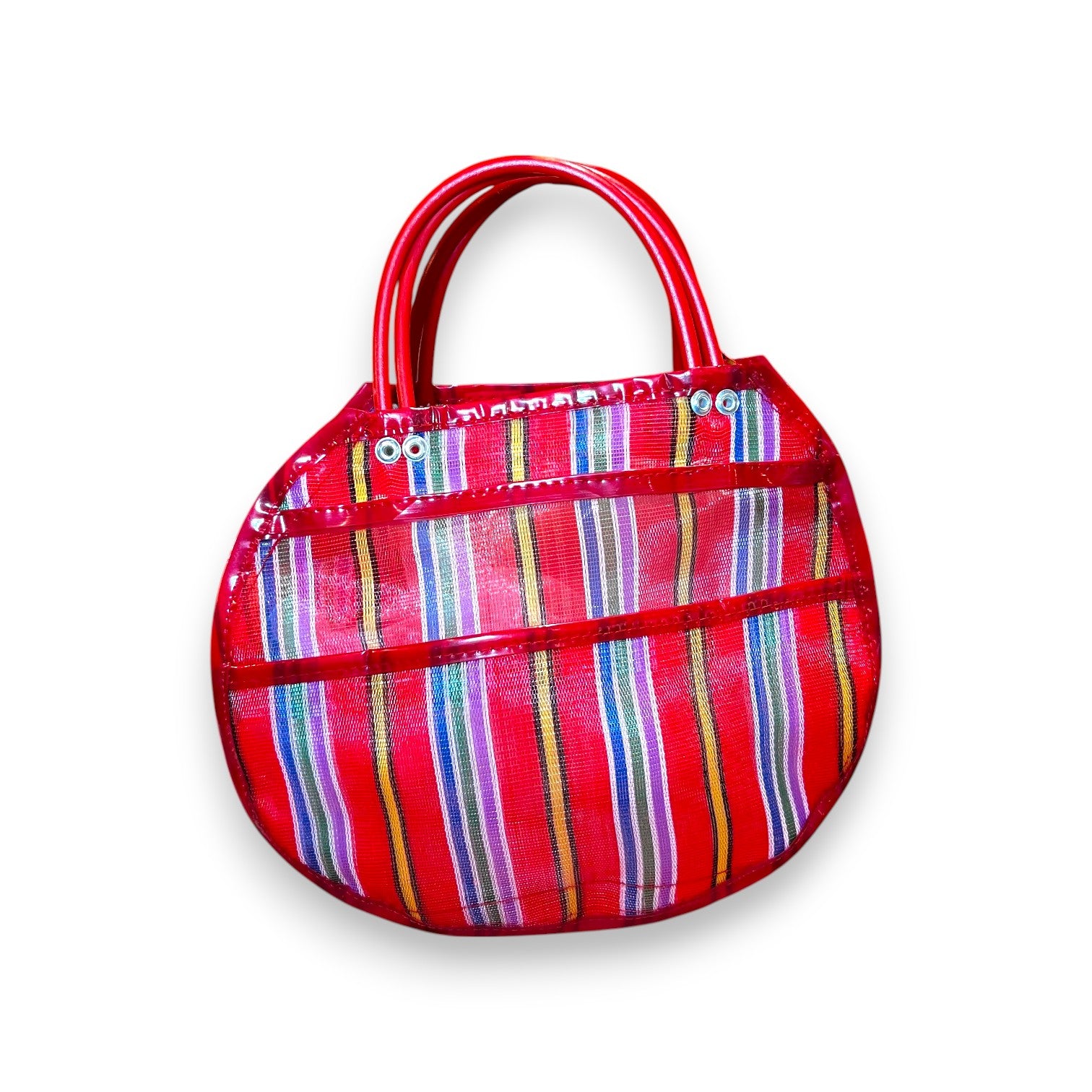 bolsa mexicana redonda pequeña roja con rayas multicolor – Brocantia tienda Oviedo