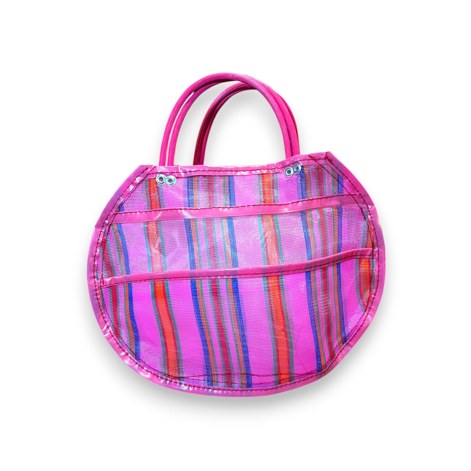 bolsa de mercado mexicana redonda pequeña rosa con rayas multicolor y asas vinilo fucsia, vista frontal - Brocantia