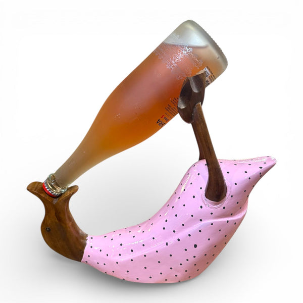 Soporte para botellas artesanal de pato rosa de madera