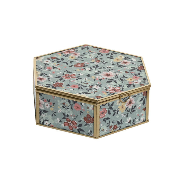 Caja joyero hexagonal floral cerrada sobre fondo blanco