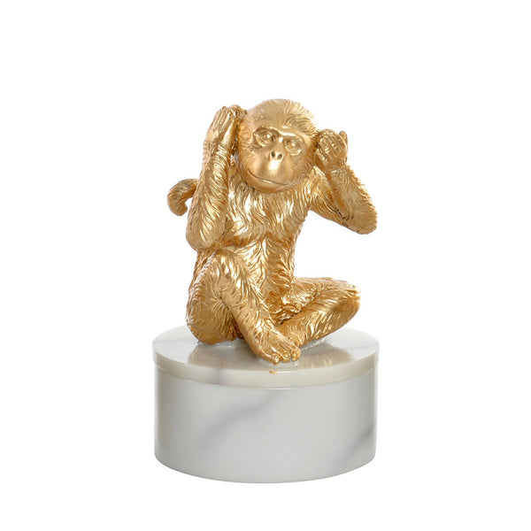 Caja decorativa con figura de mono dorado tapándose los oídos