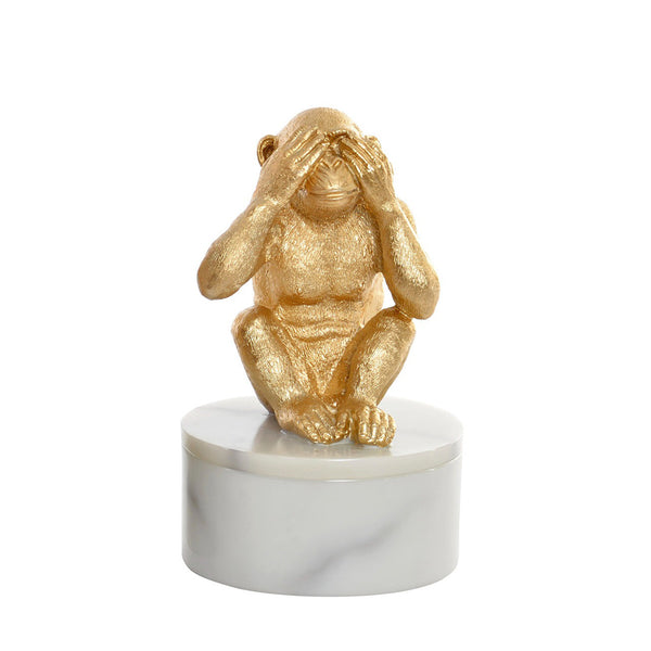 Caja decorativa con figura de mono dorado tapándose los ojos