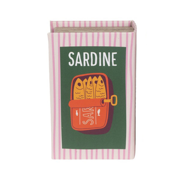 Caja camuflada con forma de libro sardinas rayas