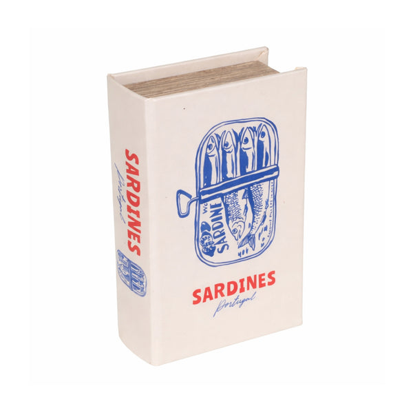 Caja libro sardinas Portugal con ilustración azul y roja