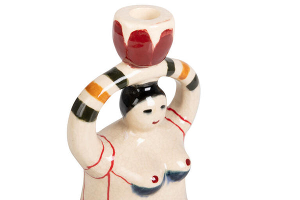 Portavelas decorativo con figura femenina de cerámica