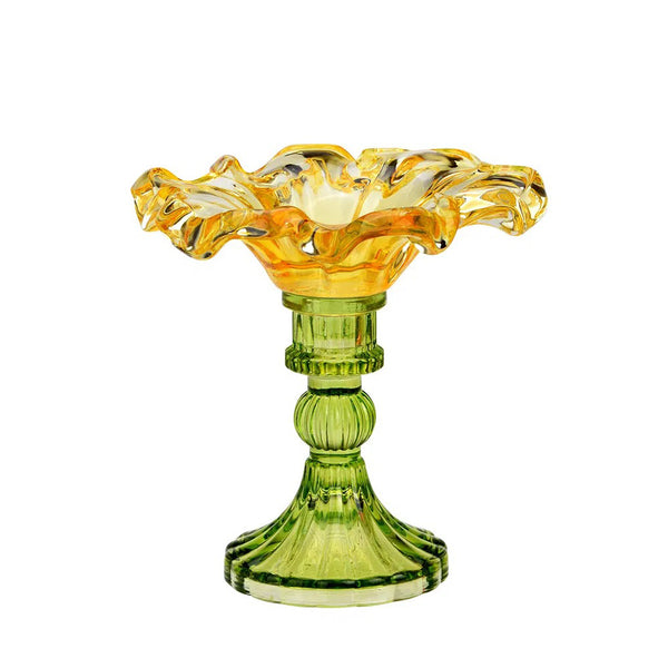 Candelabro de cristal amarillo en forma de flor con base verde