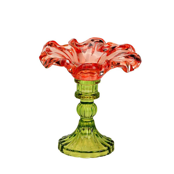 Candelabro de cristal rojo en forma de flor con base verde