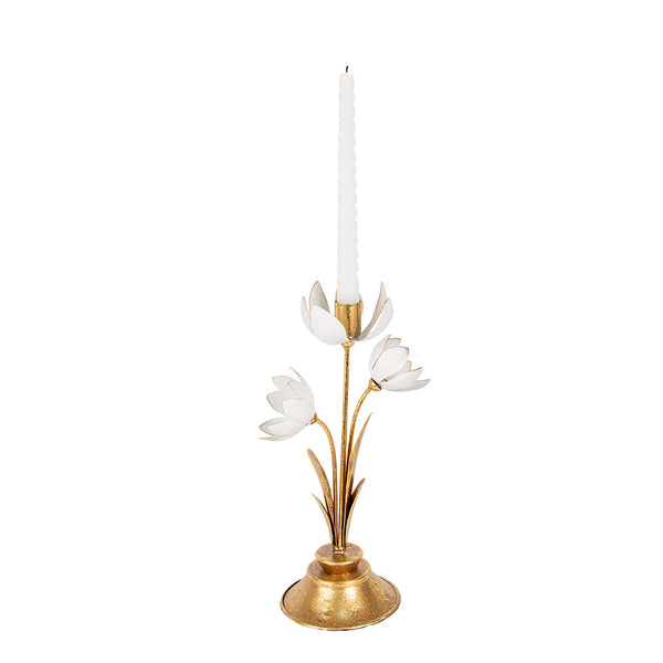 candelabro dorado con flores blancas de metal