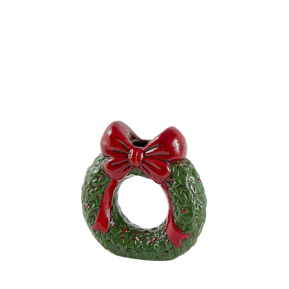 candelabro con forma de corona navideña verde y lazo rojo