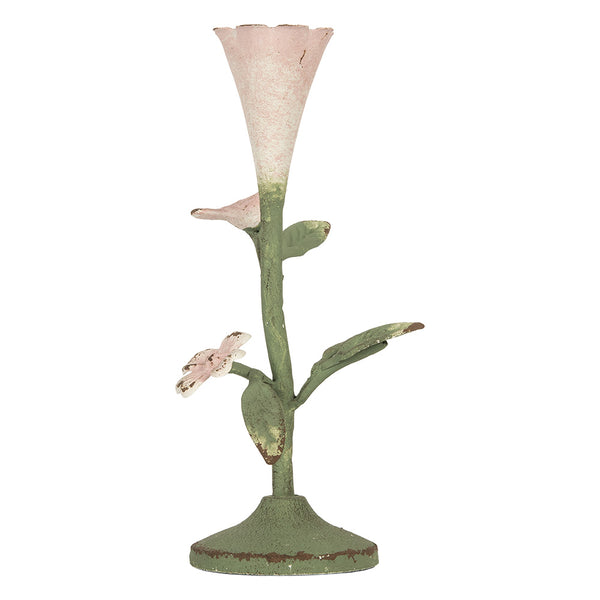 detalle candelabro metálico con flores y pájaro