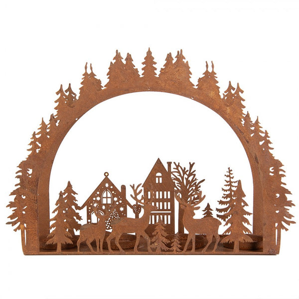 candelabro metal efecto óxido con ciervos y casas Brocantia