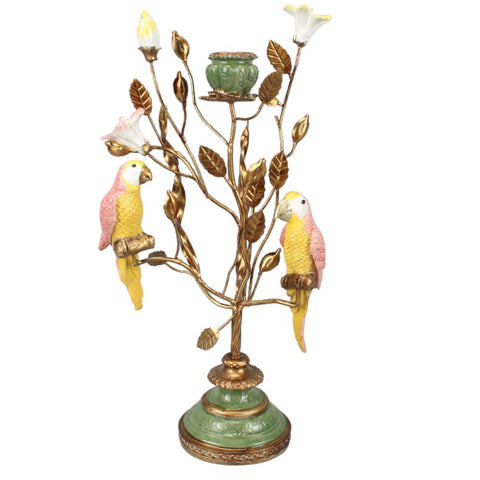 candelabro decorativo de ramas doradas con pájaros de cerámica estilo vintage Brocantia