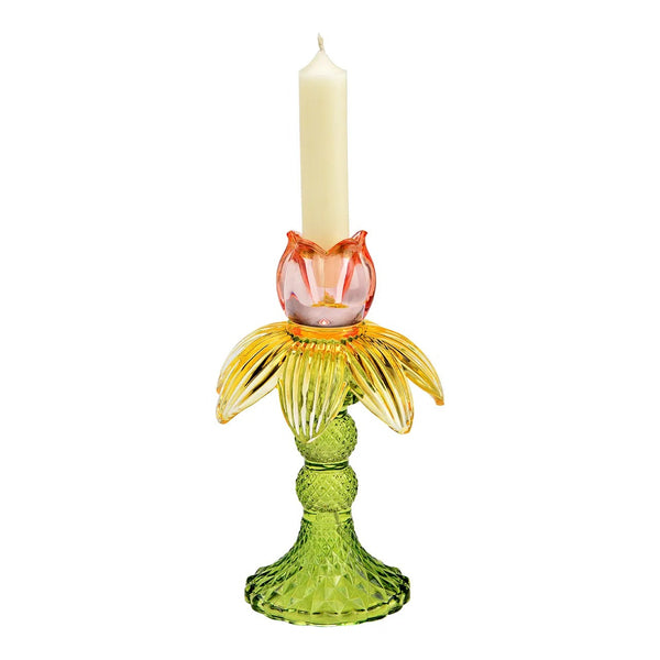 Candelabro decorativo tropical de cristal colores verde y ámbar