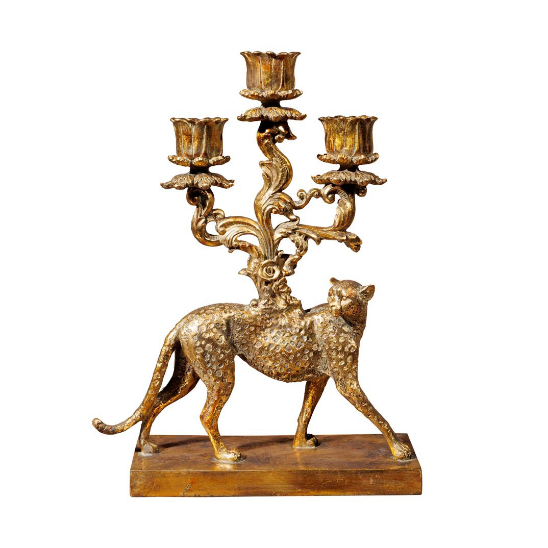 Candelabro decorativo dorado con figura de felino y tres brazos para velas estilo vintage barroco