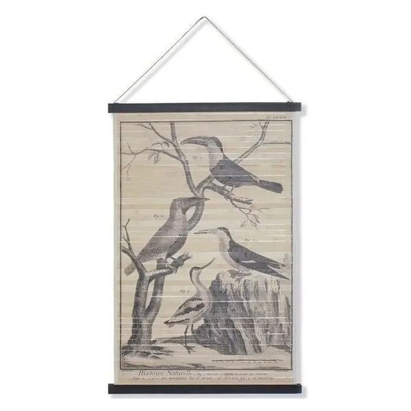 Cartel de tablas de madera Pájaros Modelo 2 con ilustraciones vintage de aves y cuerda para colgar