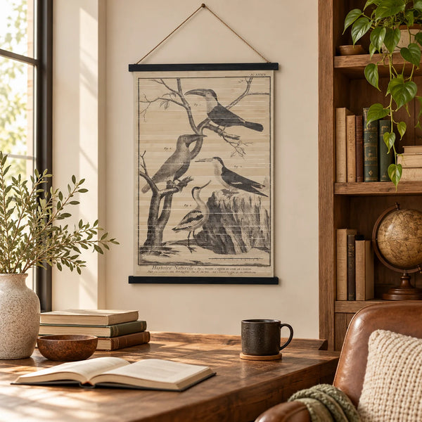 Cartel decorativo de pájaros estilo historia natural colgado en un despacho con muebles de madera