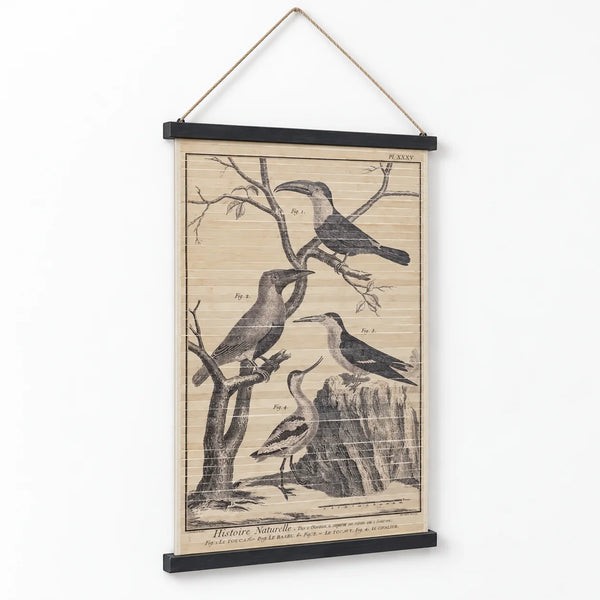 Vista en perspectiva del cartel de madera con ilustración ornitológica vintage Modelo 2
